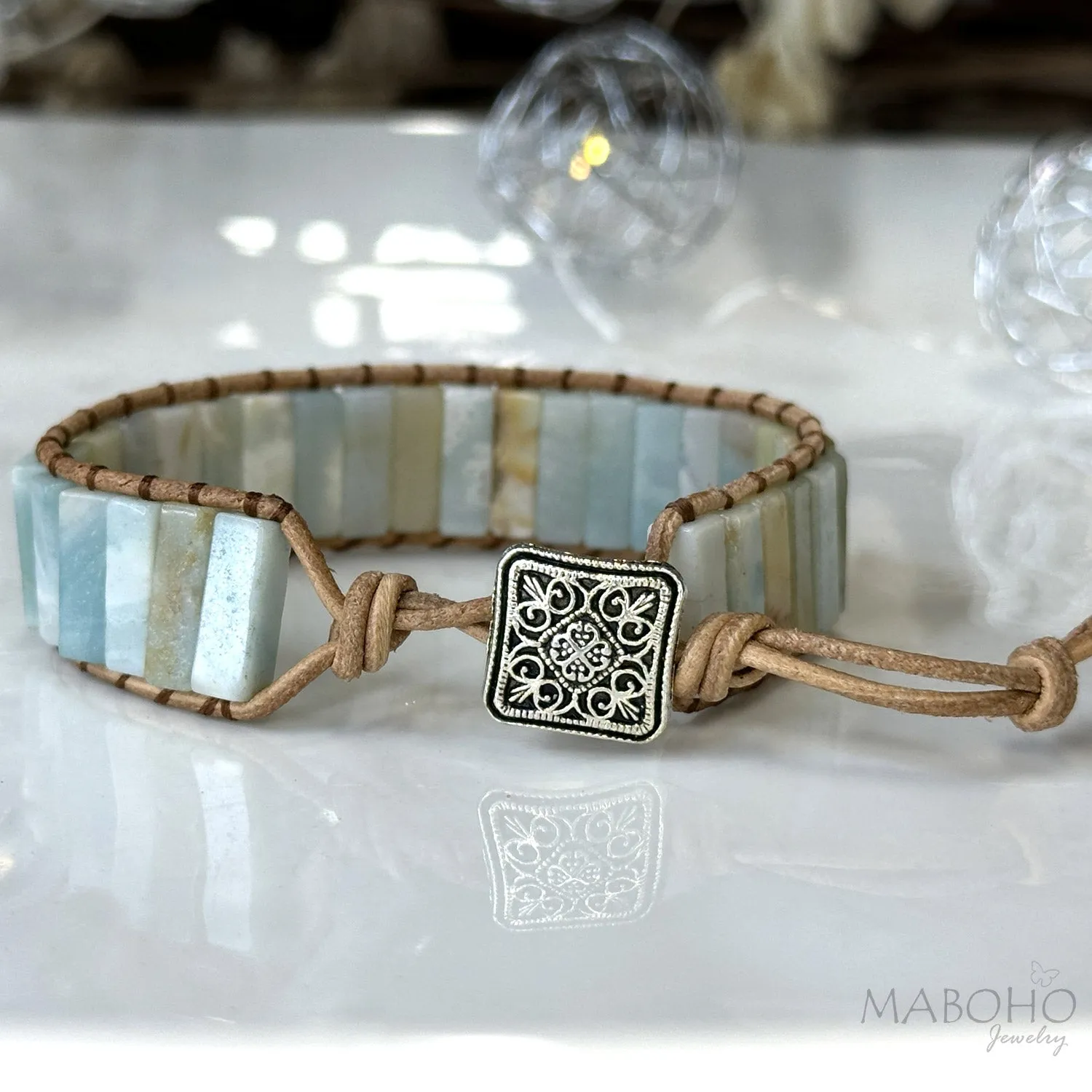 Amazonite Adjustable Leather Bar Bracelet Woman's Jewelry