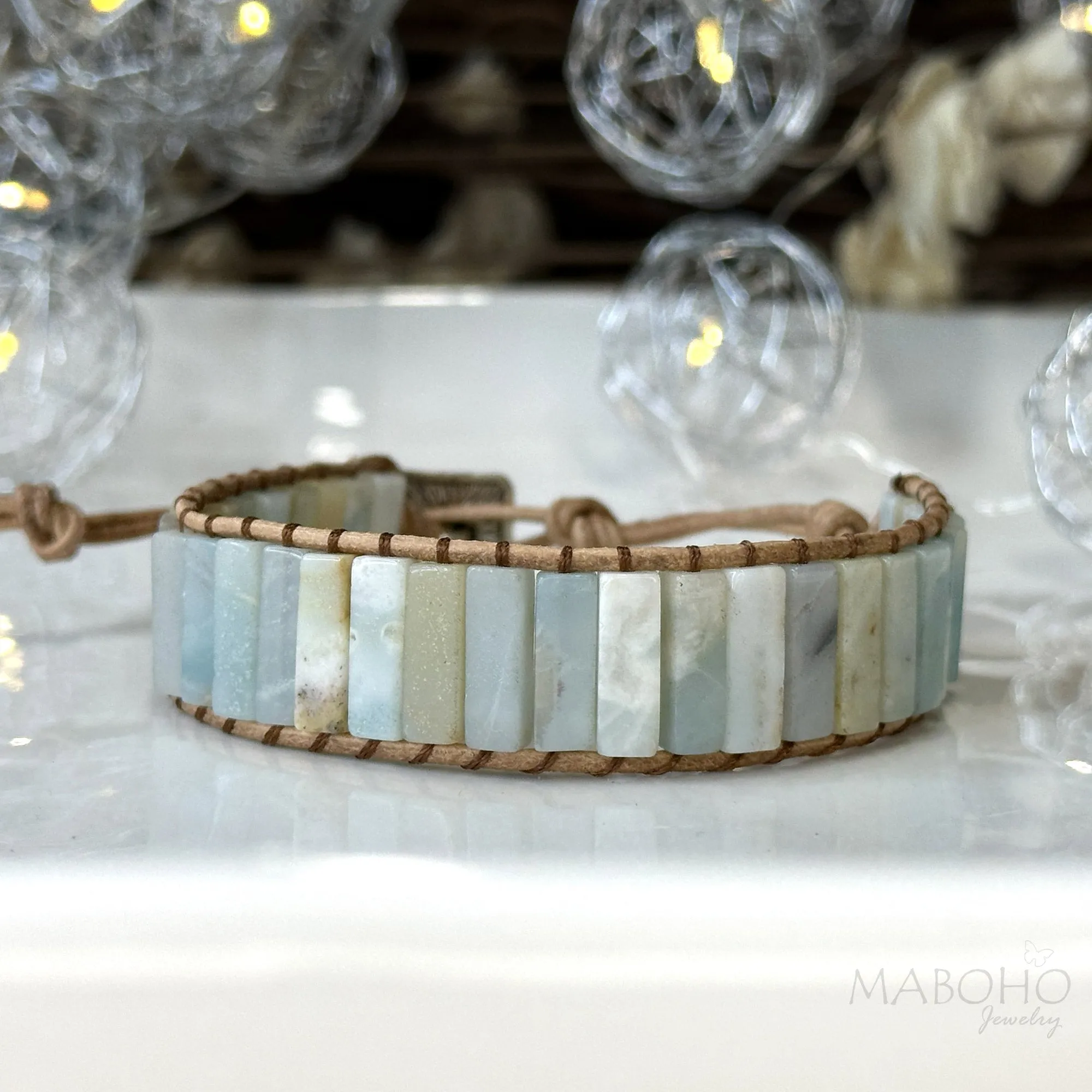 Amazonite Adjustable Leather Bar Bracelet Woman's Jewelry