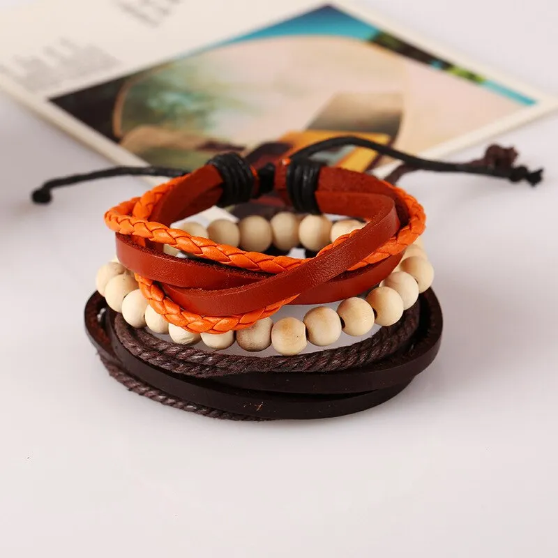 Bohemian Genuine Leather Hand Braided Bracelet Sets For Men Women Wood Beads Wristband Vintage Fashion Jewelry