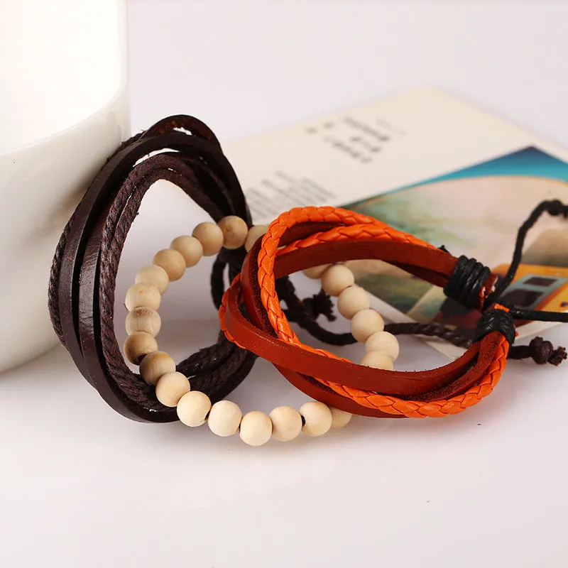 Bohemian Genuine Leather Hand Braided Bracelet Sets For Men Women Wood Beads Wristband Vintage Fashion Jewelry
