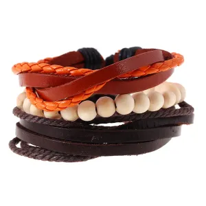 Bohemian Genuine Leather Hand Braided Bracelet Sets For Men Women Wood Beads Wristband Vintage Fashion Jewelry