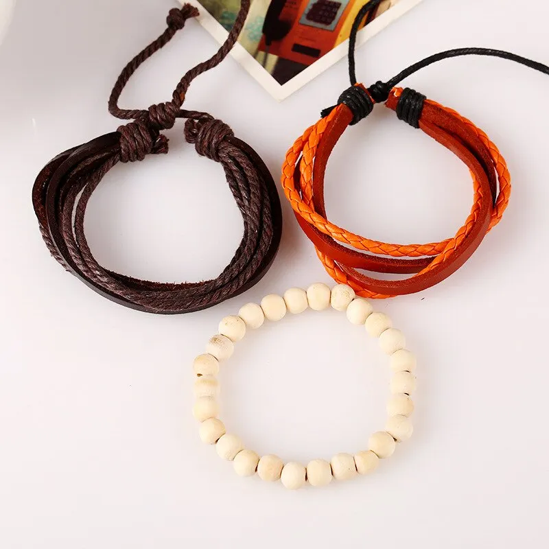 Bohemian Genuine Leather Hand Braided Bracelet Sets For Men Women Wood Beads Wristband Vintage Fashion Jewelry