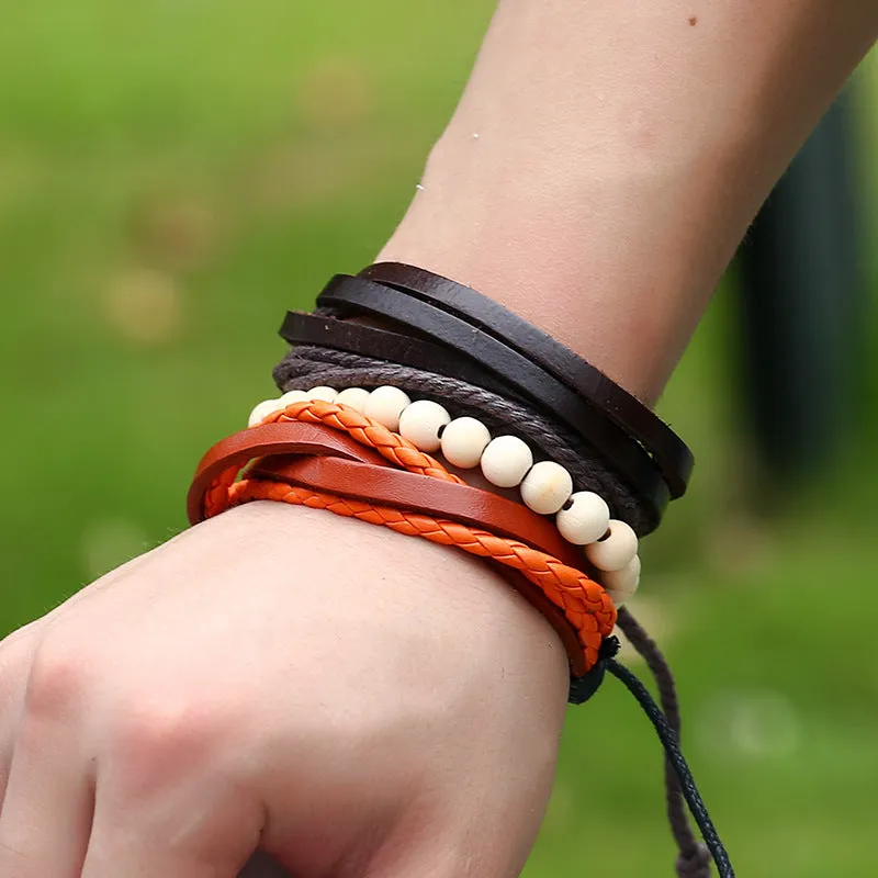 Bohemian Genuine Leather Hand Braided Bracelet Sets For Men Women Wood Beads Wristband Vintage Fashion Jewelry