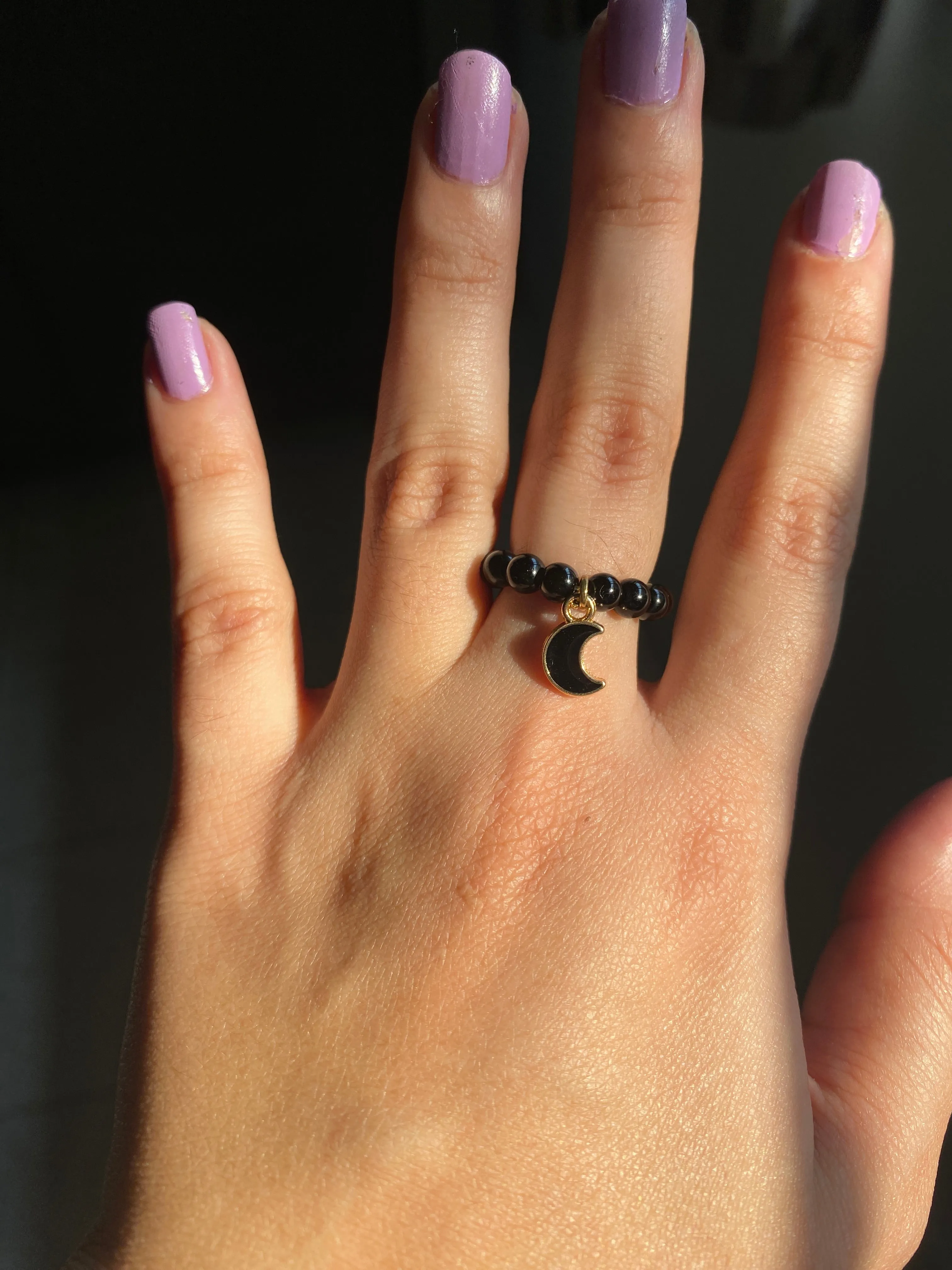 CRESCENT MOON HANGING ON PEARLS - RING