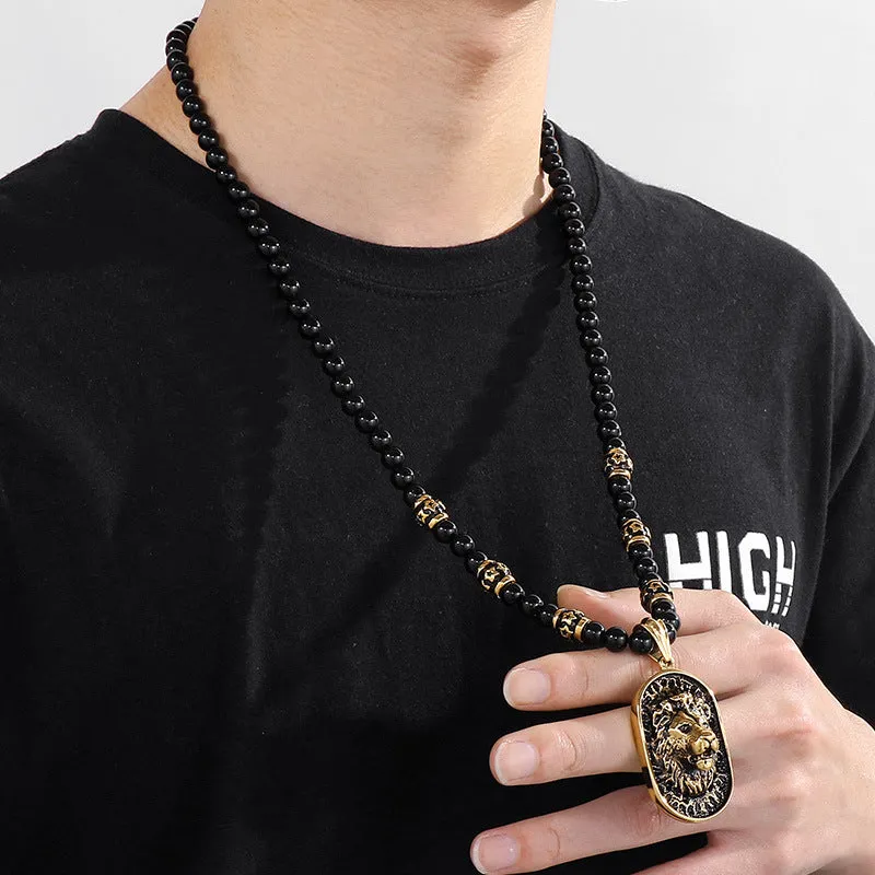 Exaggerated Lion Head Pendant Necklace with Buddha Beads - Ethnic Style Titanium Steel Long Chain for Men and Women