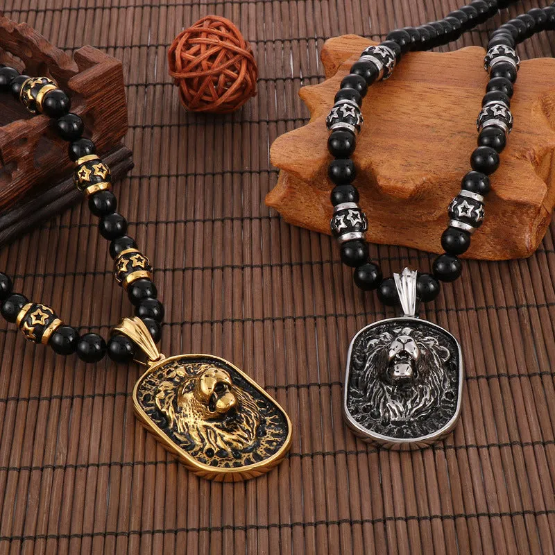 Exaggerated Lion Head Pendant Necklace with Buddha Beads - Ethnic Style Titanium Steel Long Chain for Men and Women