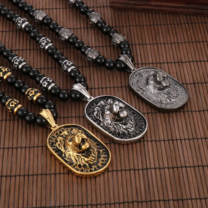 Exaggerated Lion Head Pendant Necklace with Buddha Beads - Ethnic Style Titanium Steel Long Chain for Men and Women
