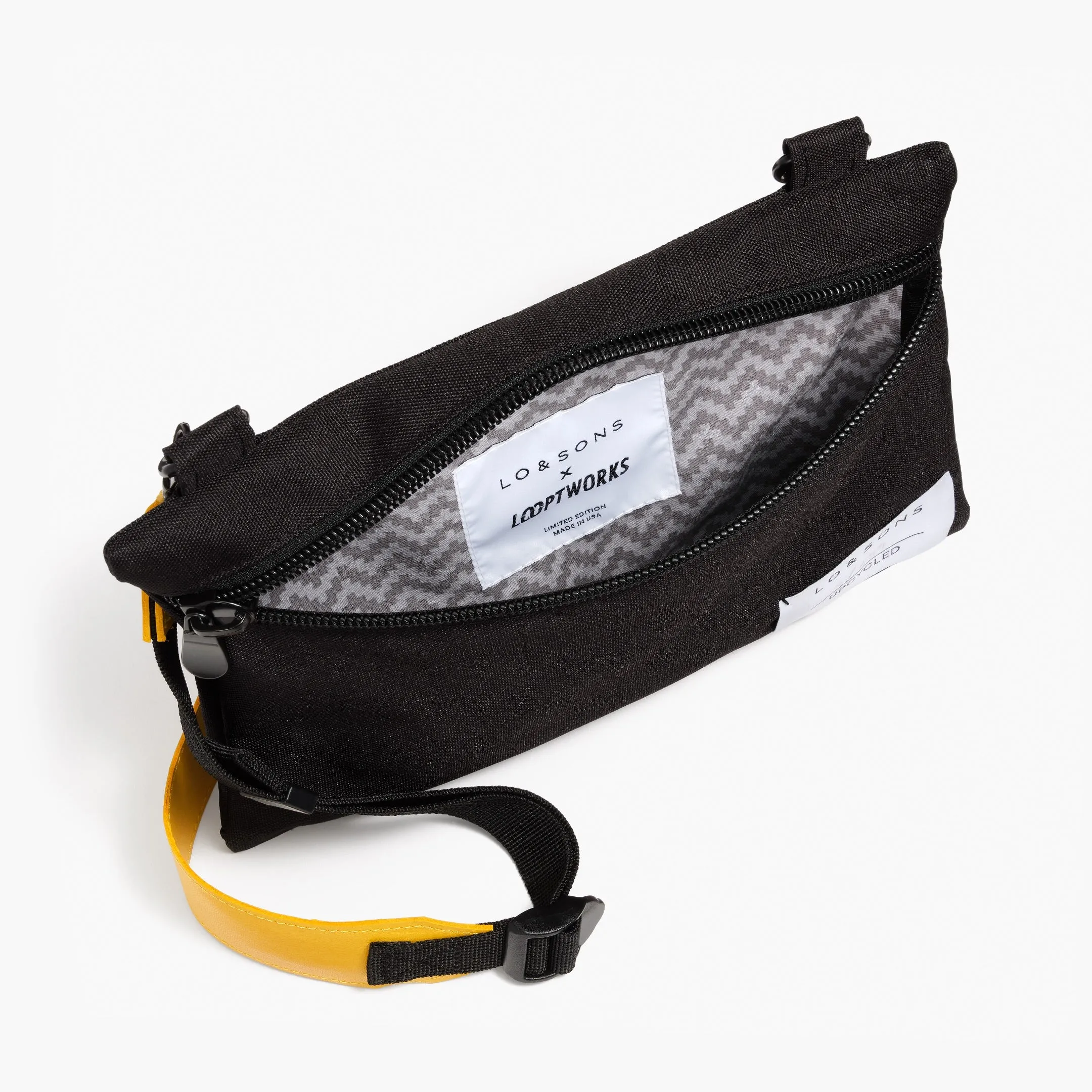 Hilo Upcycled Sacoche - Recycled Poly - Black / Cotton Zig Zag with Yellow Shoulder/ Black Webbing