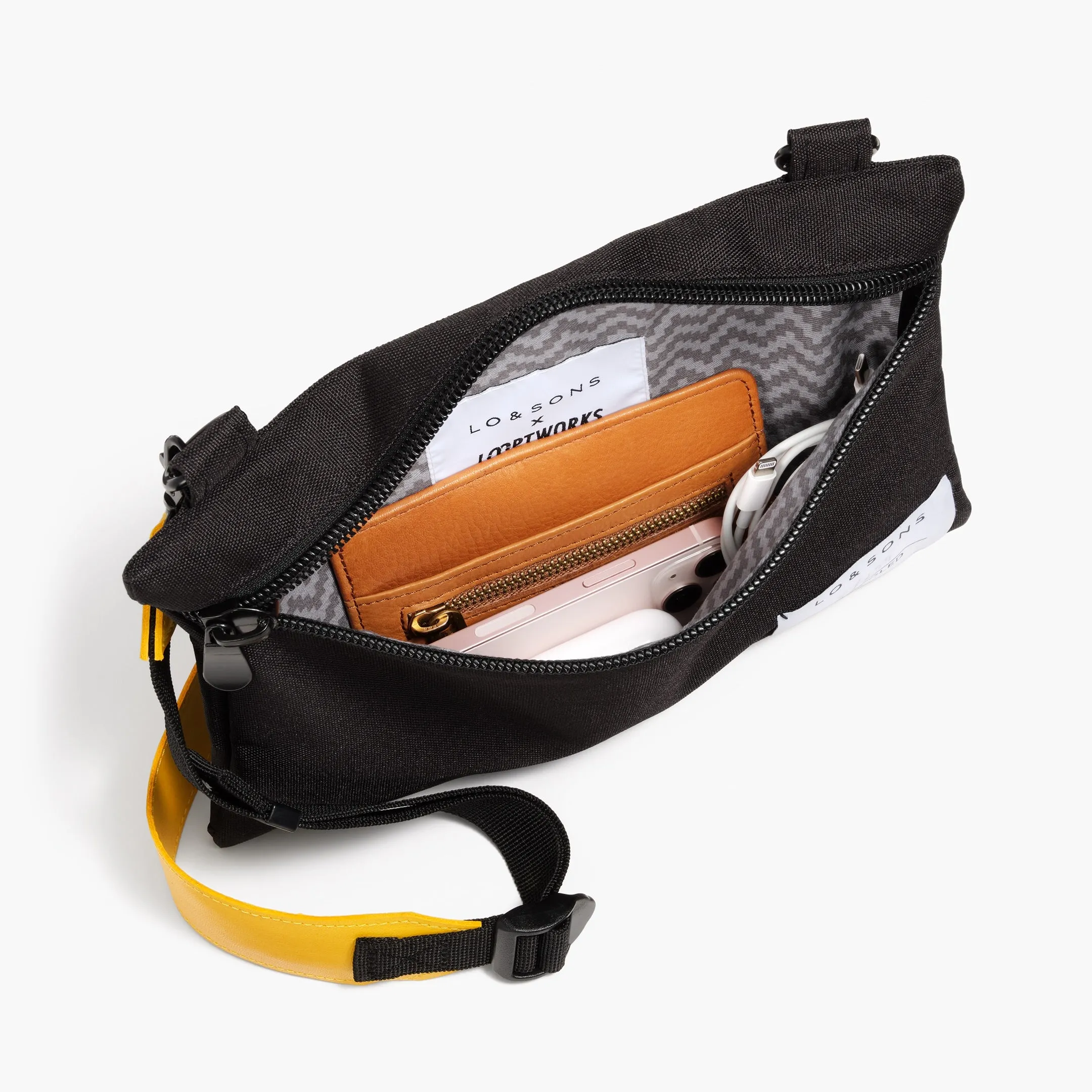 Hilo Upcycled Sacoche - Recycled Poly - Black / Cotton Zig Zag with Yellow Shoulder/ Black Webbing