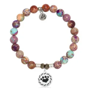 Purple Jasper Stone Bracelet with Paw Print Sterling Silver Charm