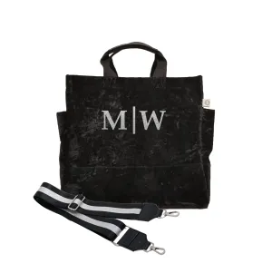Split Letter Monogram Black Crushed Velvet North South Bag With Stripe Strap